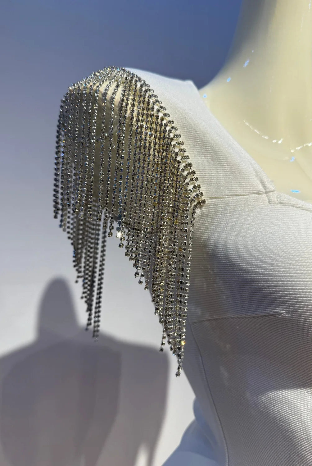 Trend4us Luxe Crystal Fringe Shoulder Bandage Mini Dress closer view