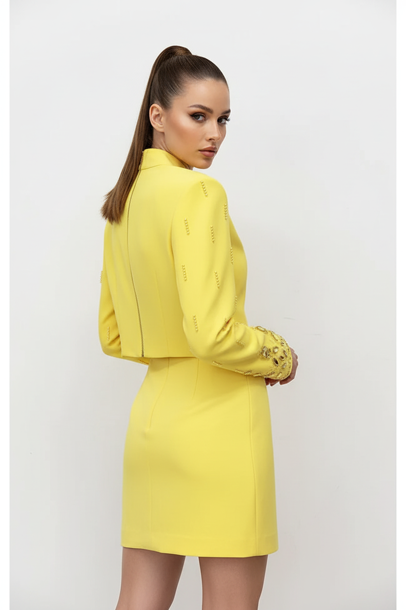 Trend4us Luxe Crystal Embellished Mock Neck Skirt Set in yellow back view