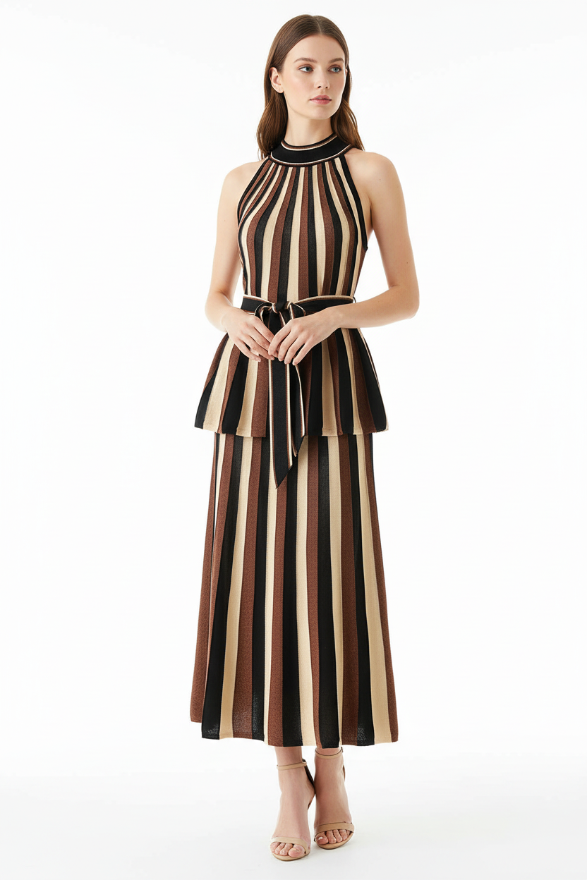 A woman models a sleeveless halter-neck outfit set with vertical stripes in black, brown, and beige. The dress features a structured bodice with a matching self-tie belt at the waist and a flared skirt, shown against a plain white studio background.