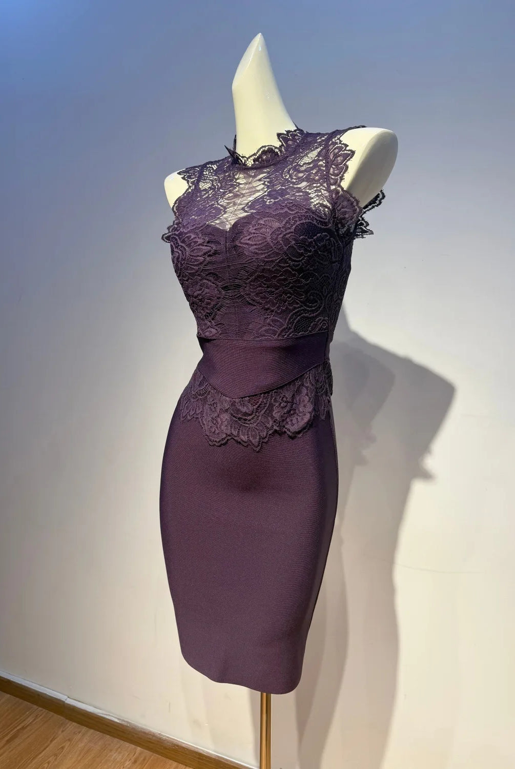 Trend4us Luxe Lace Illusion Bodycon High Waist Pencil Dress in purple