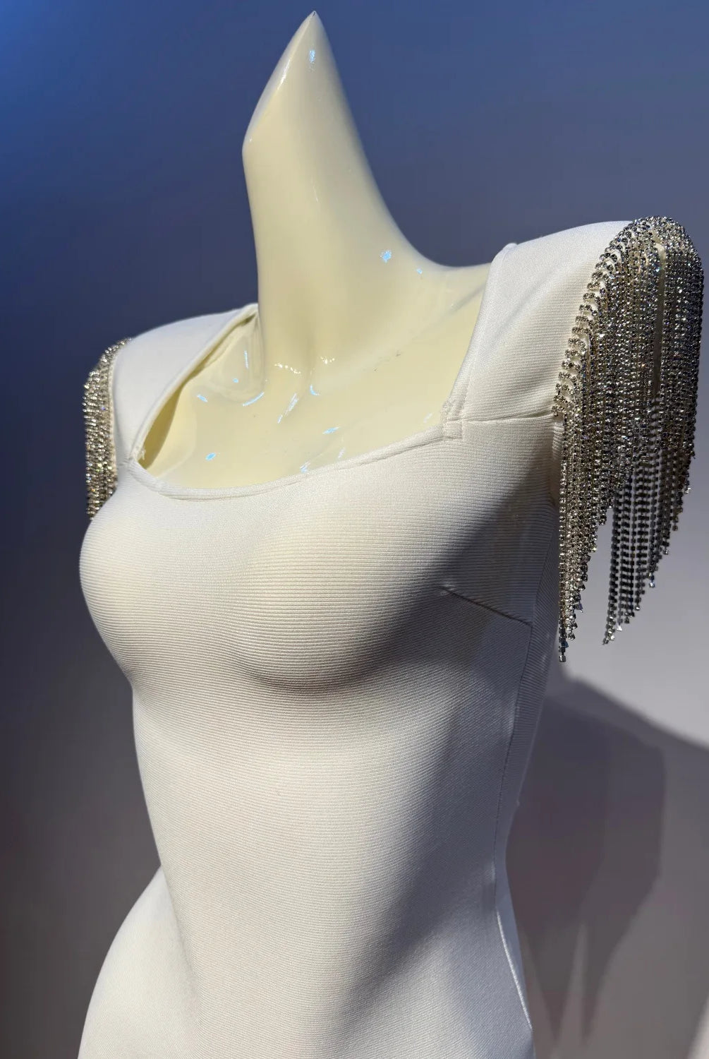 Trend4us Luxe Crystal Fringe Shoulder Bandage Mini Dress closer view