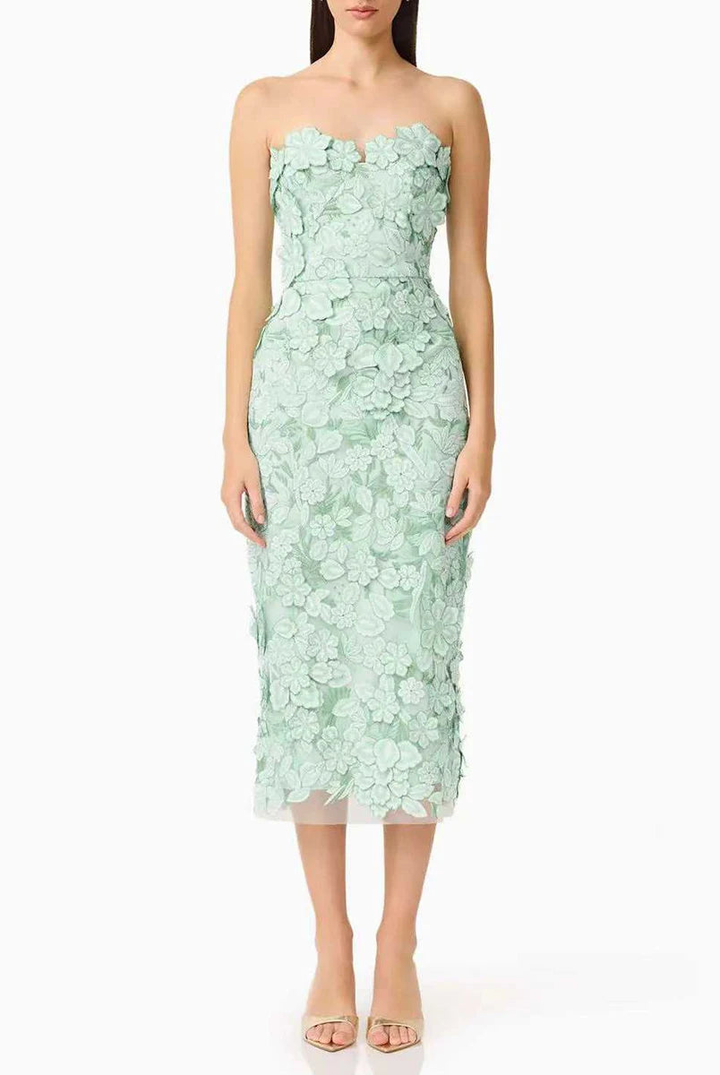 Trend4us Luxe Strapless 3D Floral Embroidered Midi Dress