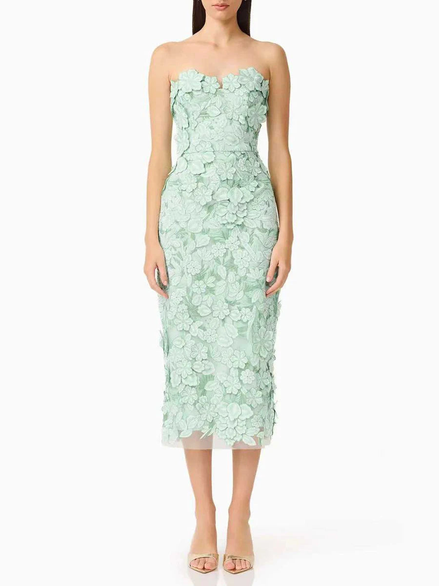 Trend4us Luxe Strapless 3D Floral Embroidered Midi Dress