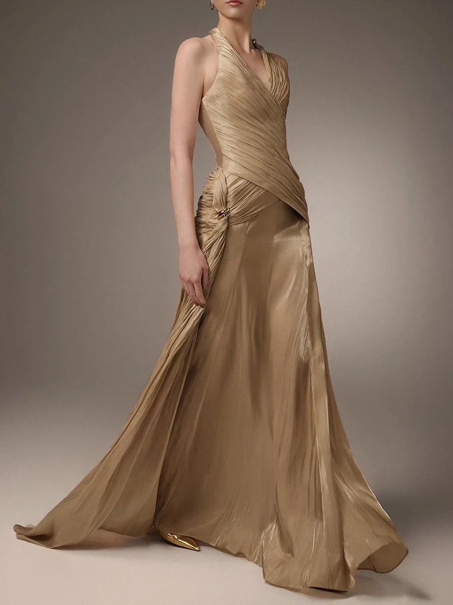 Luxe Draped Halter Satin Evening Gown - Champagne Backless Dress | Trend4us