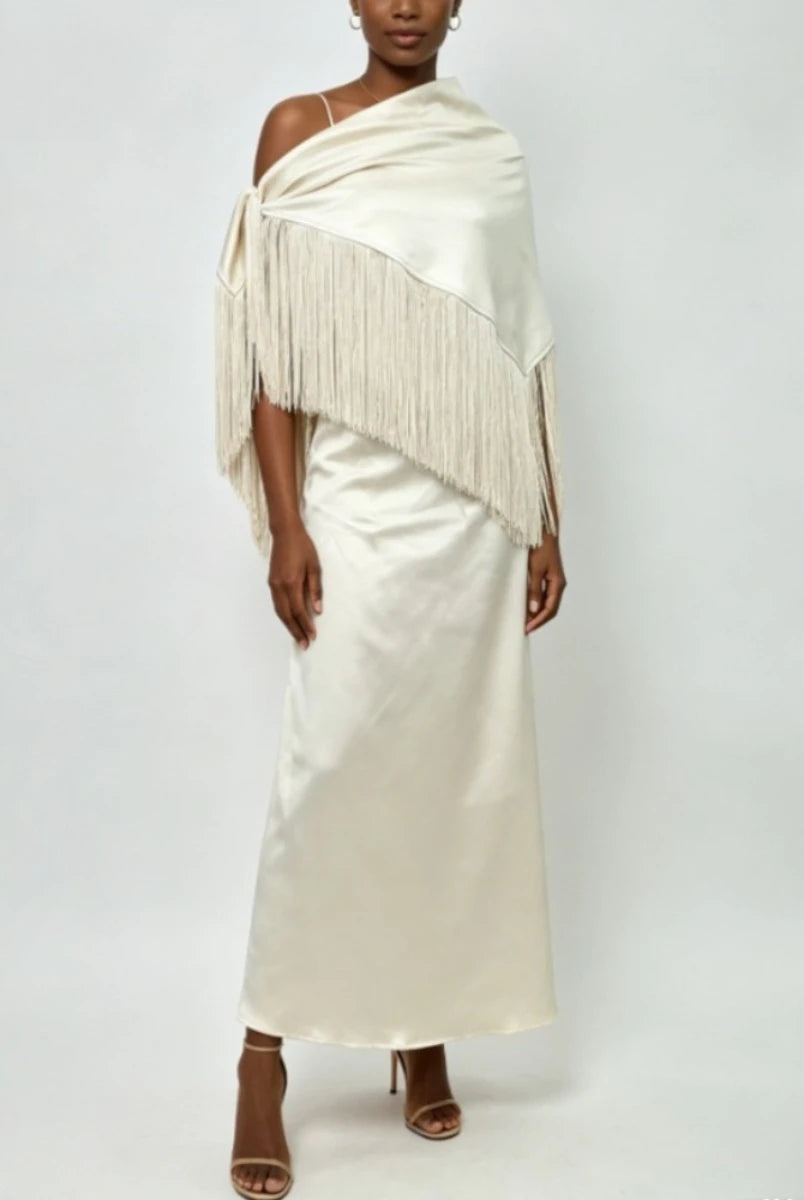 Trend4us Luxe Satin Fringe Shawl One-Shoulder Evening Dress