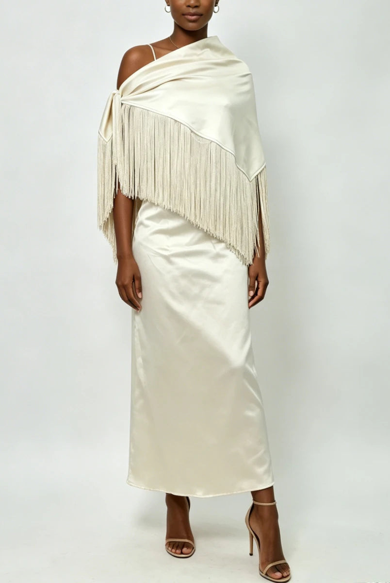 Trend4us Luxe Satin Fringe Shawl One-Shoulder Evening Dress