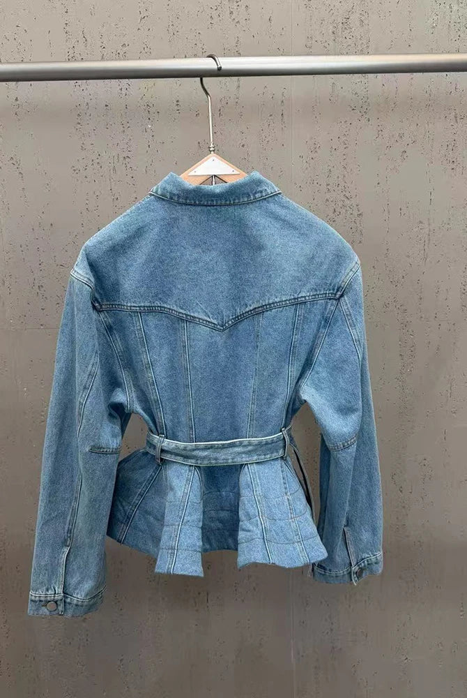 Trend4us Luxe Belted Peplum Denim Jacket & Ruffle Shorts Set in blue