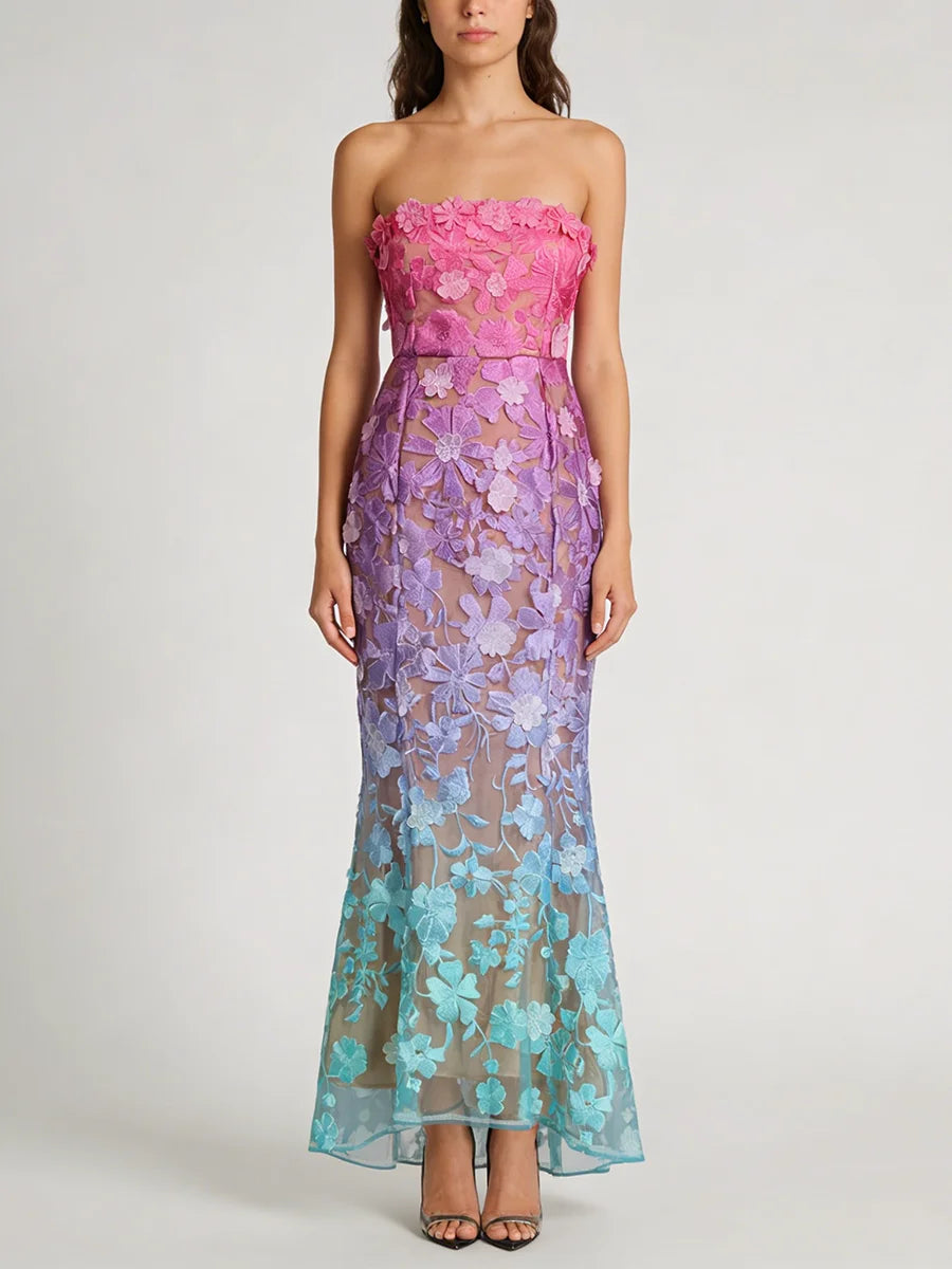 Strapless Embroidered Floral Evening Gown