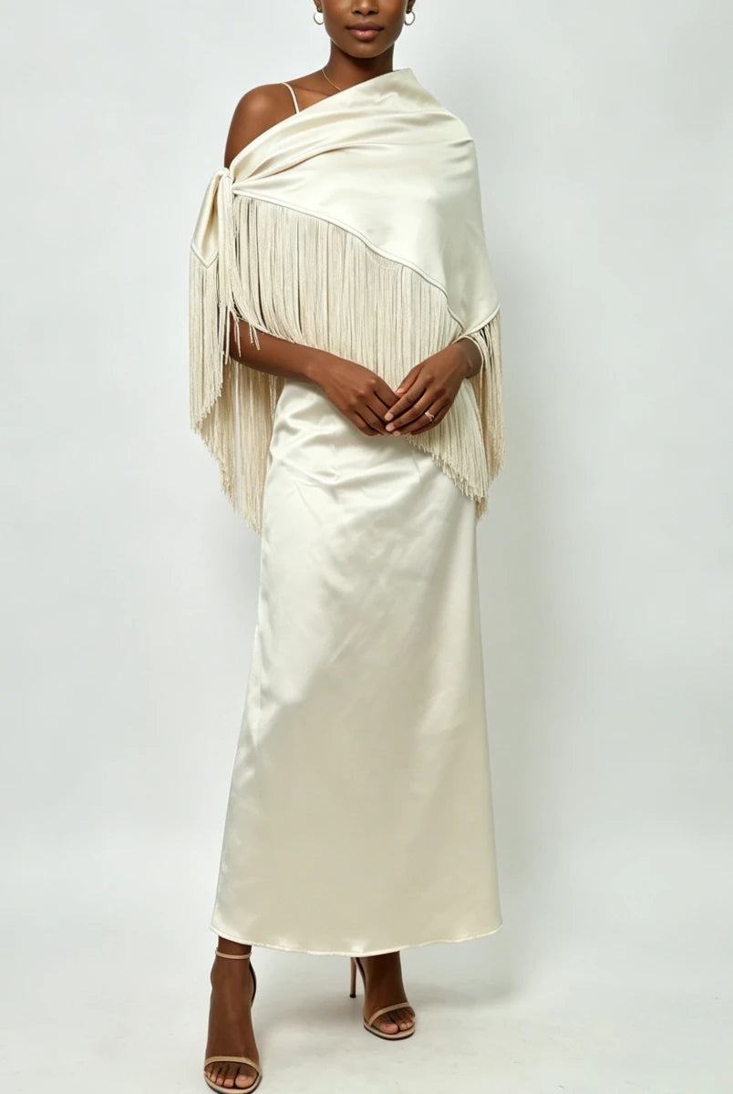 Trend4us Luxe Satin Fringe Shawl One-Shoulder Evening Dress