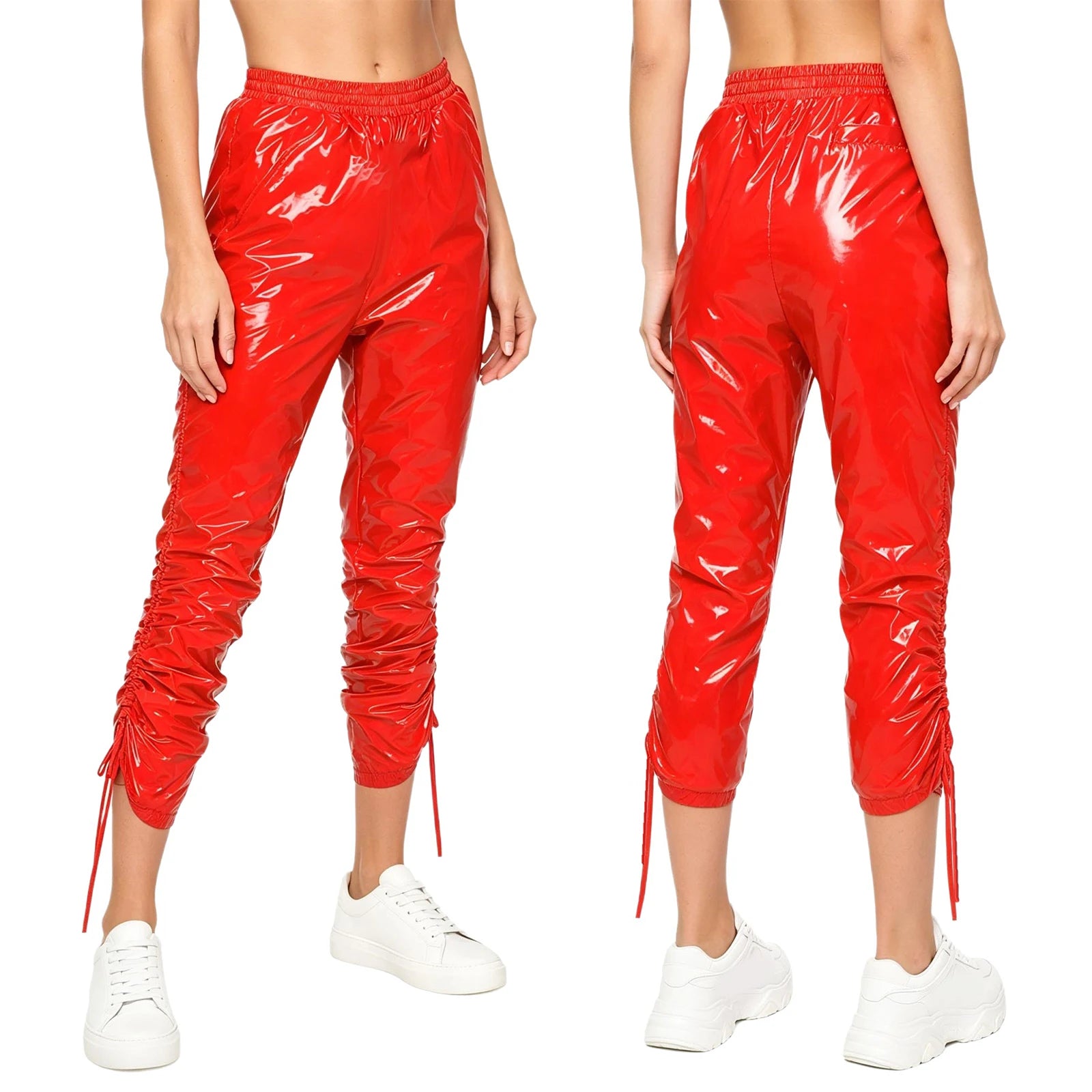 Trend4us Women's Glossy Ruched Drawstring Vinyl Cropped Pants - Red