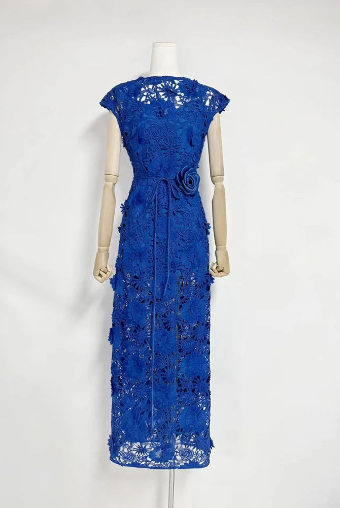 Trend4us Luxe 3D Floral Appliqué Sheer Evening Gown - Blue