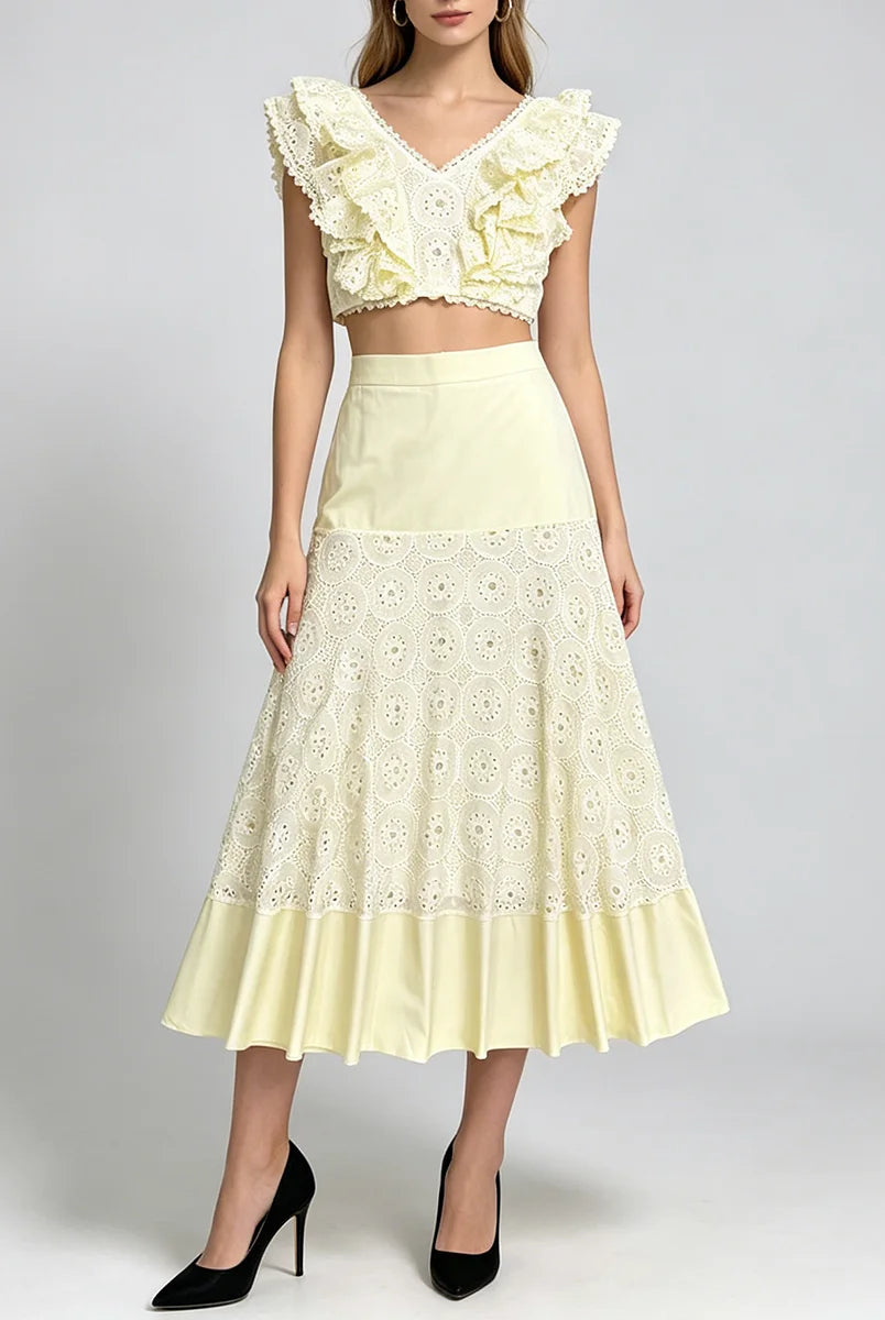 Trend4us Luxe Eyelet Lace Ruffle Crop Top & Midi Skirt Set