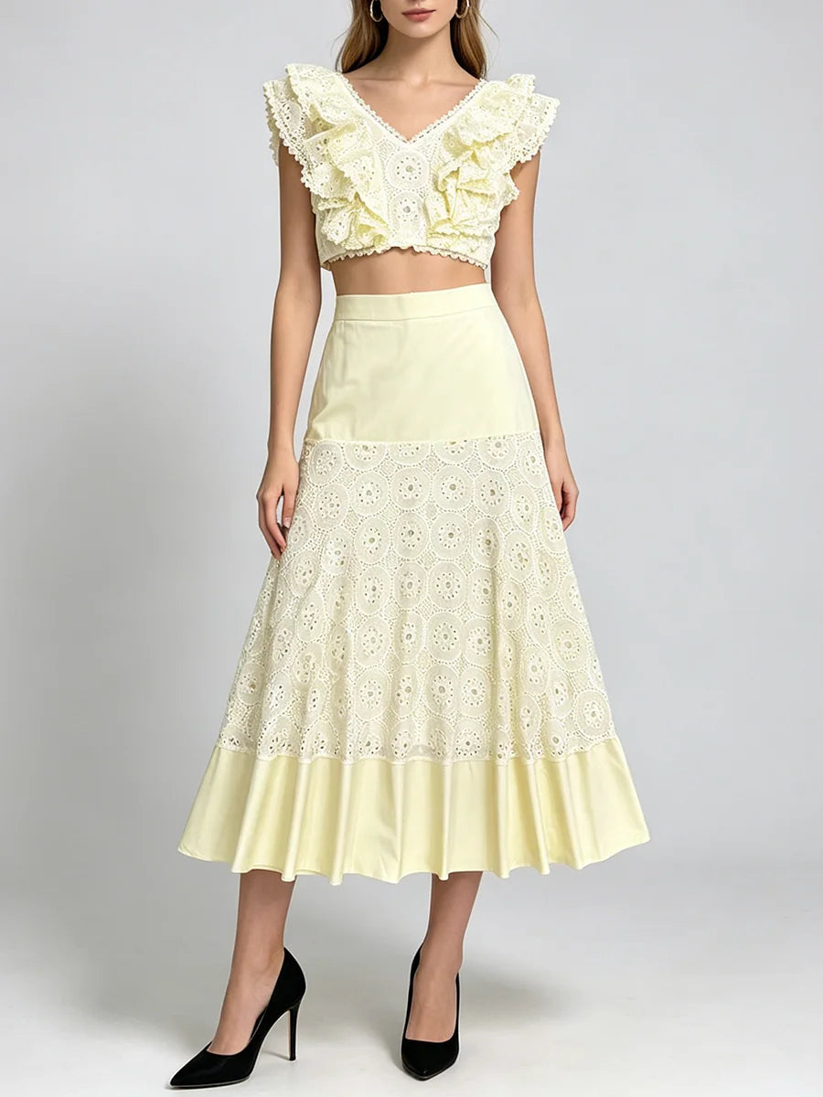 Trend4us Luxe Eyelet Lace Ruffle Crop Top & Midi Skirt Set