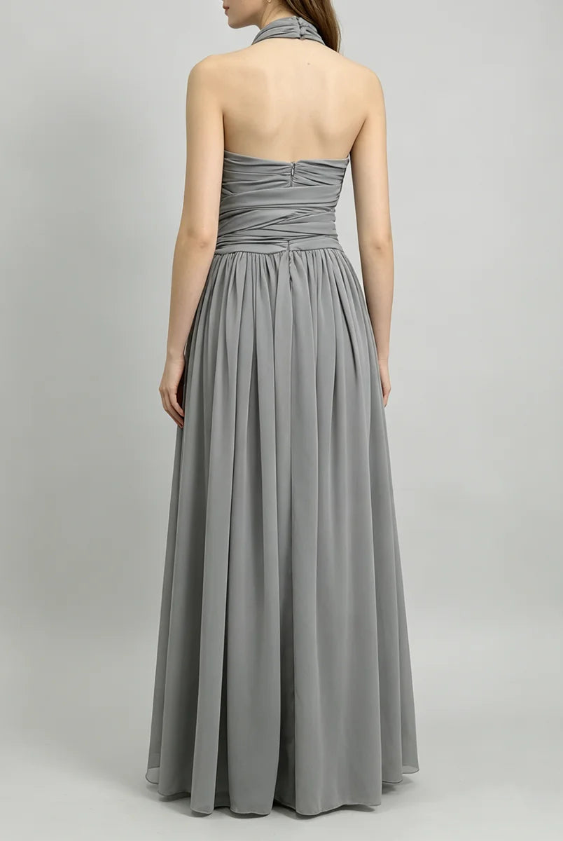 Trend4us Luxe Draped Halter Cutout Backless Evening Gown - Gray
