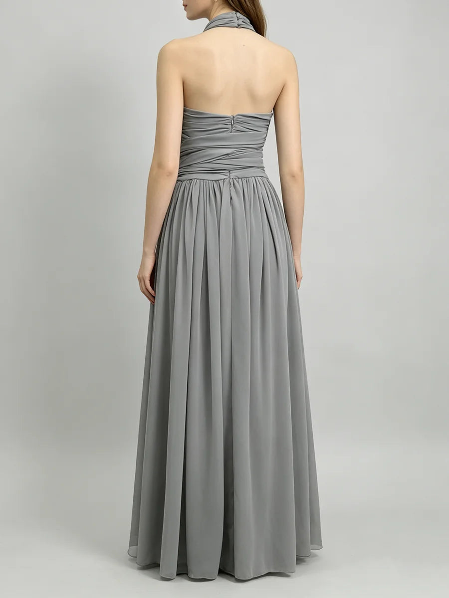Trend4us Luxe Draped Halter Cutout Backless Evening Gown - Gray