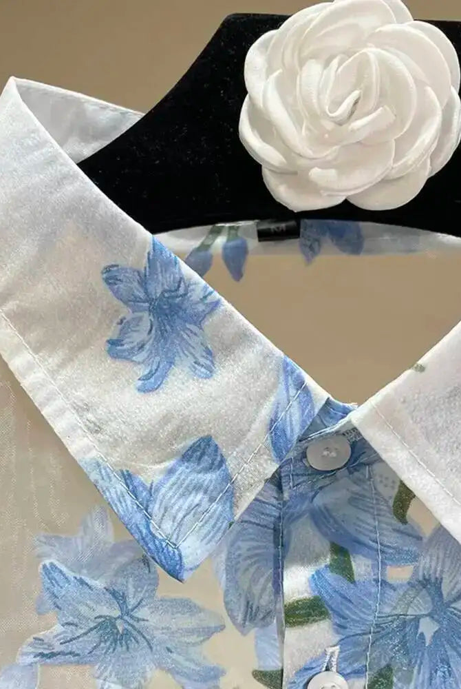 Trend4us Sheer Floral Print Blouse – Women's Sky Blue Button-Up