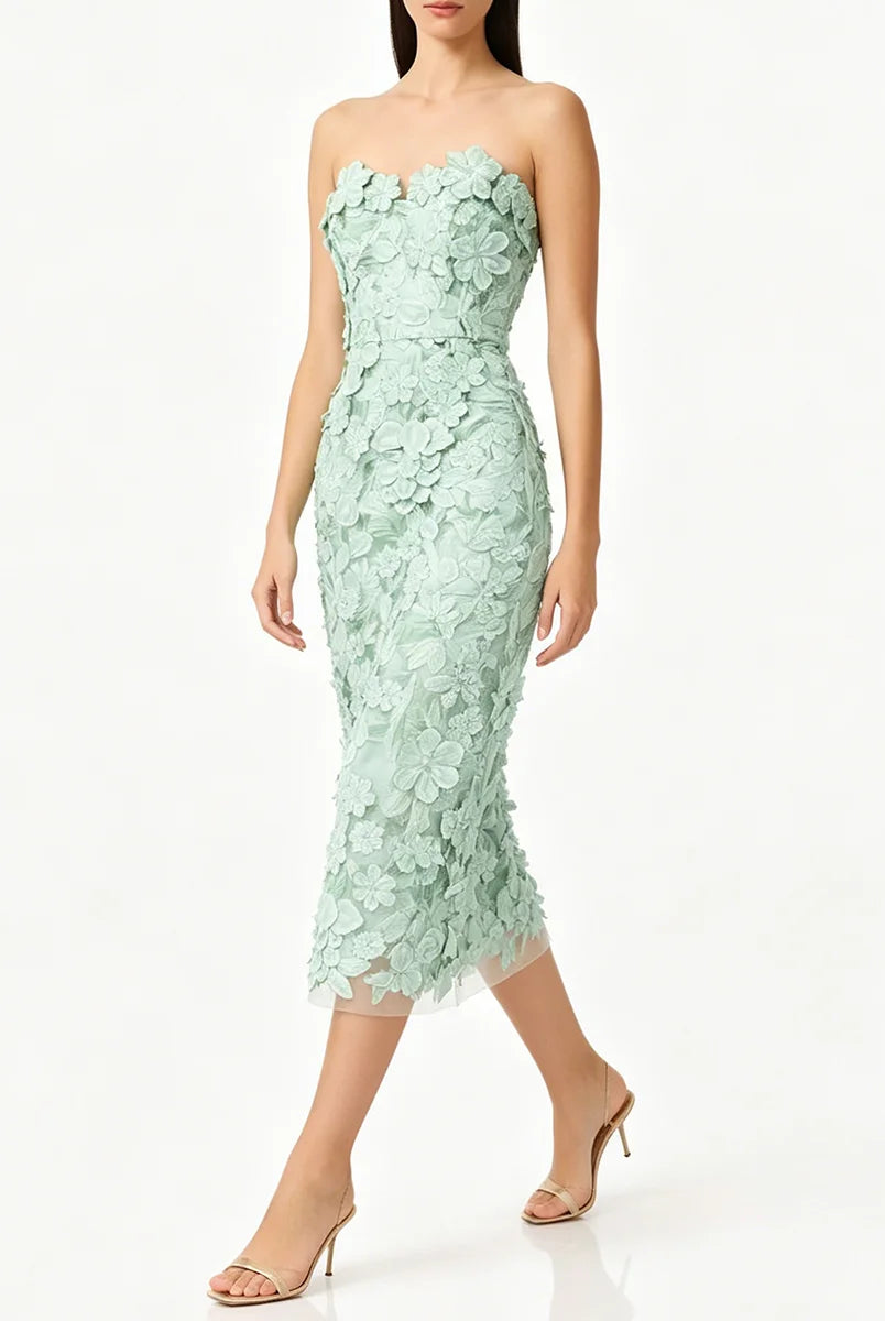 Trend4us Luxe Strapless 3D Floral Embroidered Midi Dress
