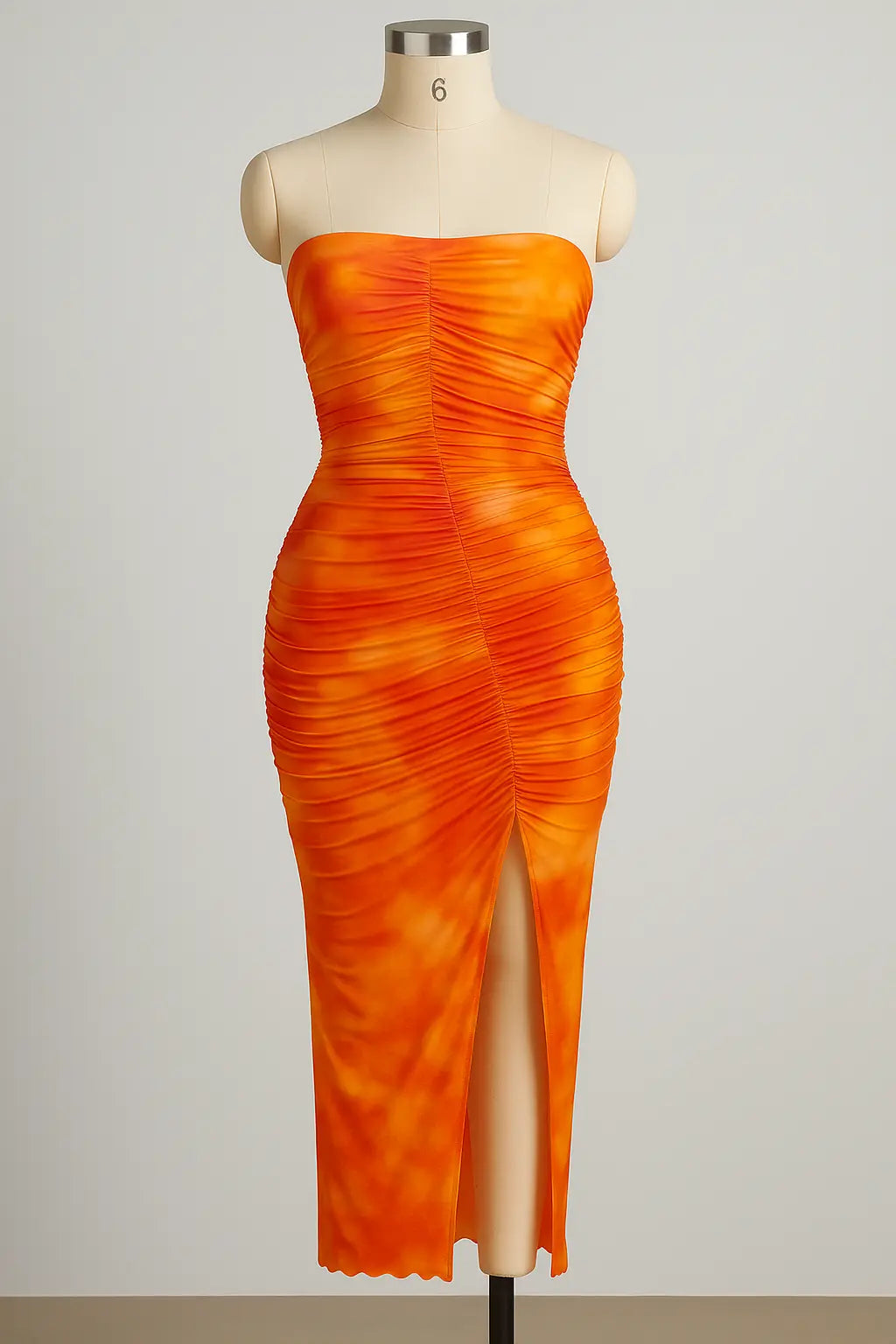 Trend4us Strapless Ruched Tie-Dye Slit Maxi Dress