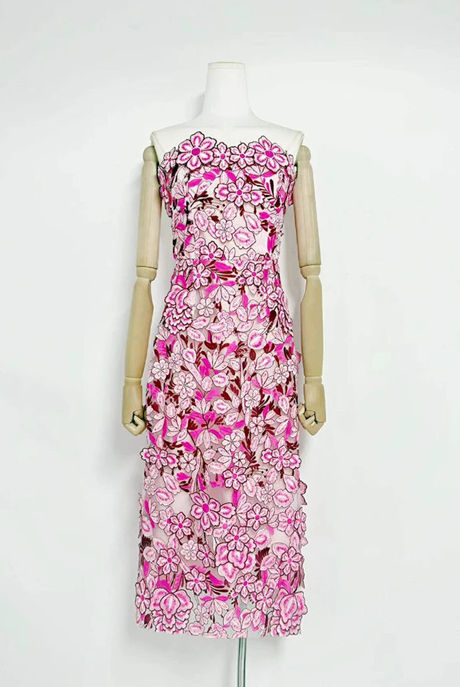 Trend4us Luxe Strapless 3D Floral Embroidered Midi Dress - Pink