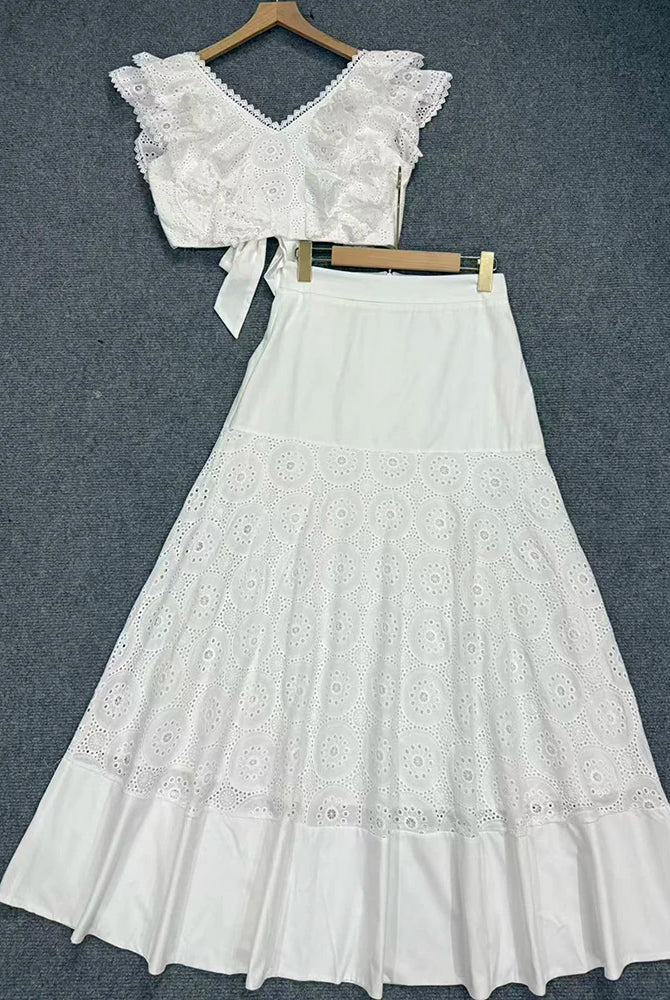 Trend4us Luxe Eyelet Lace Ruffle Crop Top & Midi Skirt Set - White