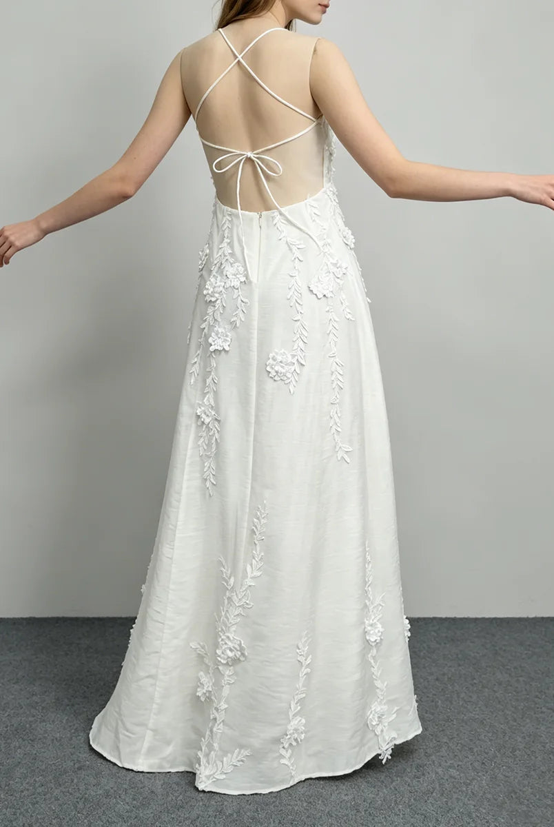 Trend4us Luxe Floral Appliqué Open-Back Maxi Dress