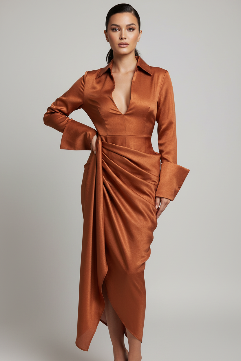 Trend4us Luxe Structured Draped Long Sleeve Ruched Dress