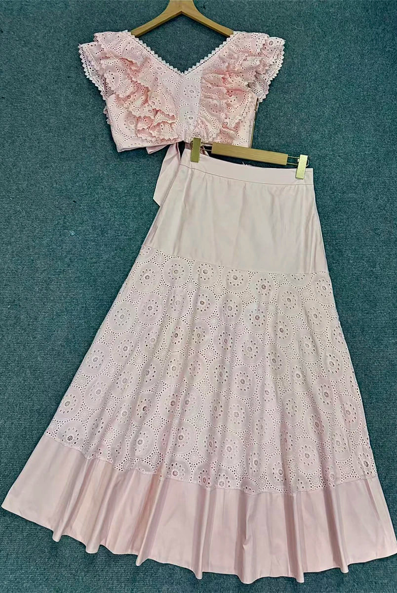 Trend4us Luxe Eyelet Lace Ruffle Crop Top & Midi Skirt Set - Pink