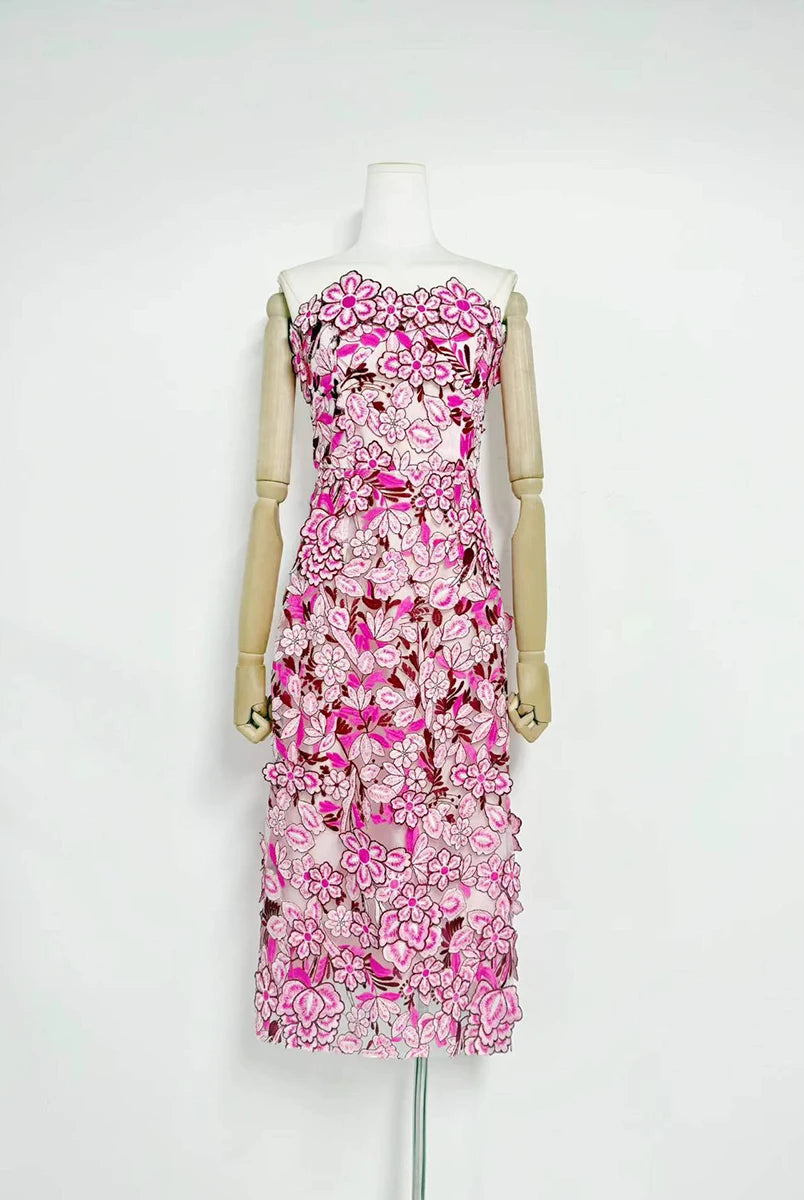 Trend4us Luxe Strapless 3D Floral Embroidered Midi Dress