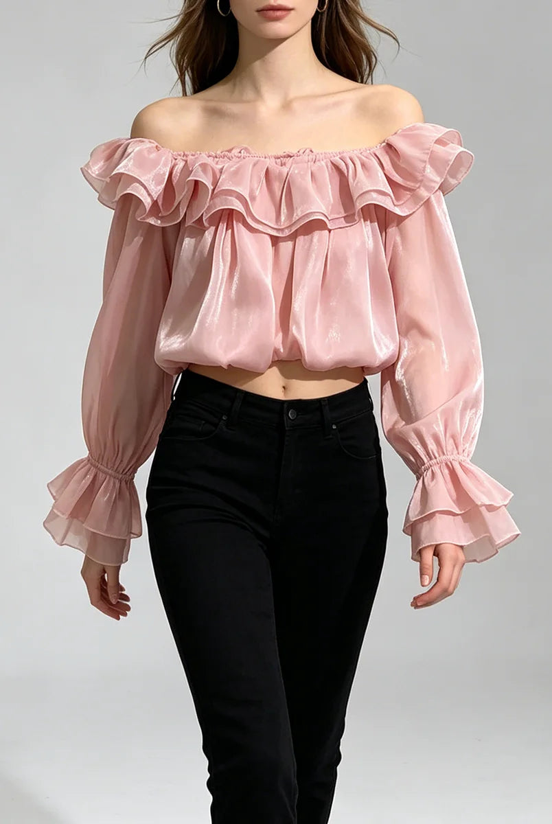 Trend4us Luxe Off-Shoulder Ruffle Organza Crop Blouse