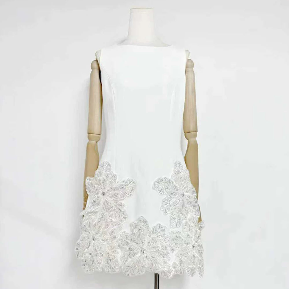 Trend4us Luxe Floral Appliqué Sleeveless Mini Dress - White