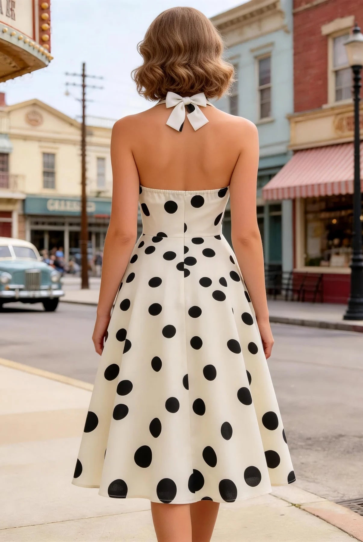 Trend4us Vintage Polka Dot Halter Fit & Flare Prom Dress back view
