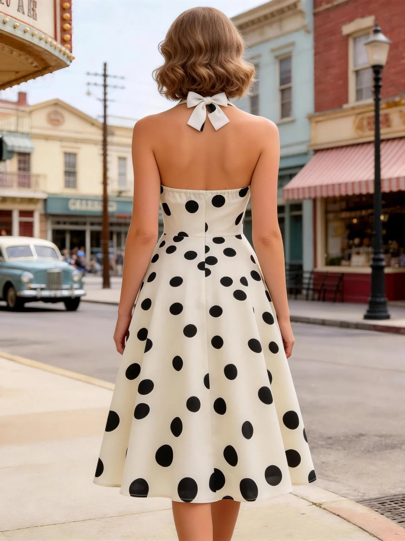 Trend4us Vintage Polka Dot Halter Fit & Flare Prom Dress back view