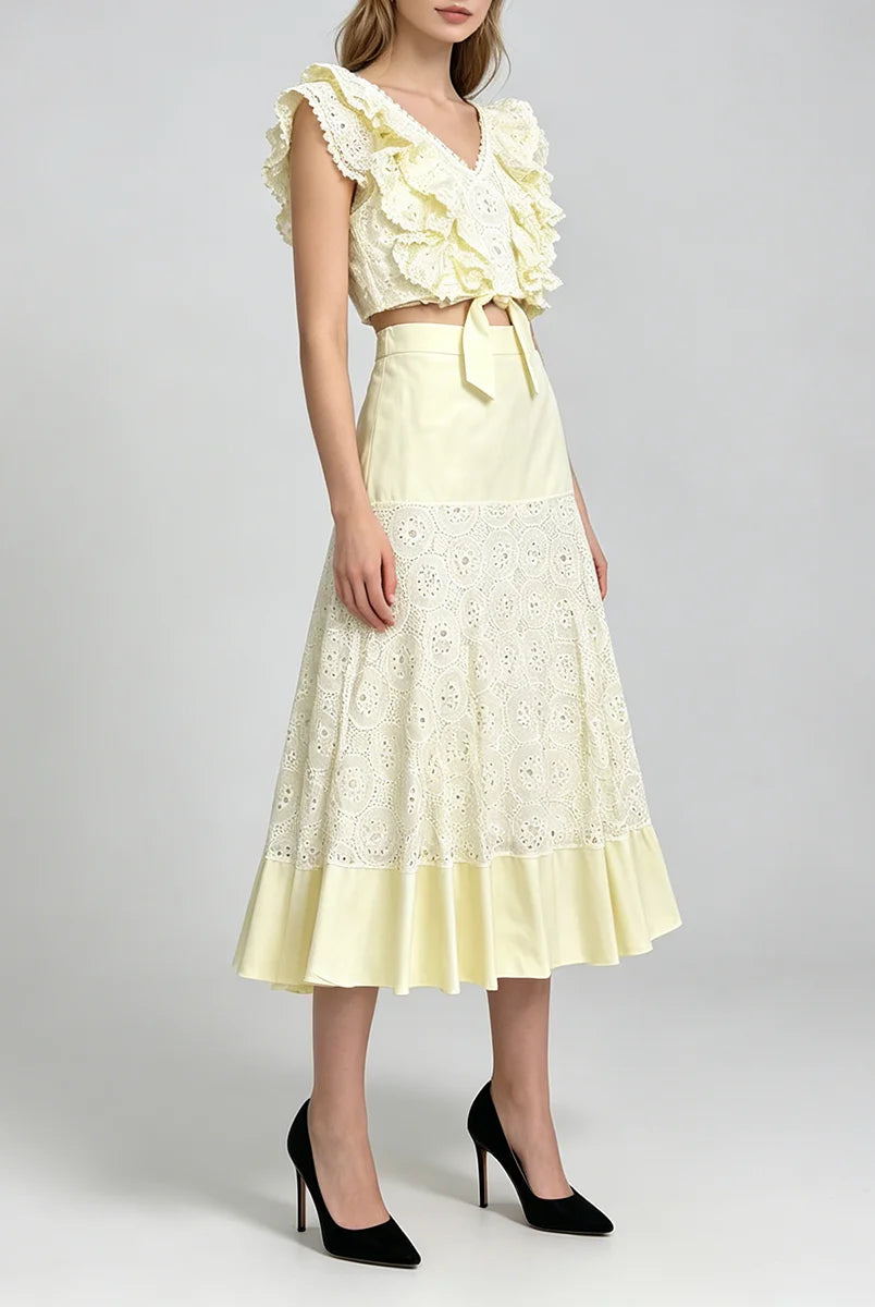 Trend4us Luxe Eyelet Lace Ruffle Crop Top & Midi Skirt Set