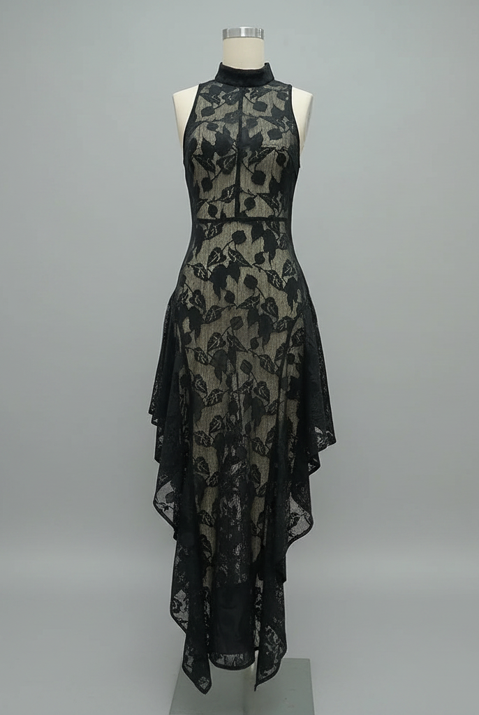 Trend4us Elegant Sheer Lace High-Neck Handkerchief Hem Dress