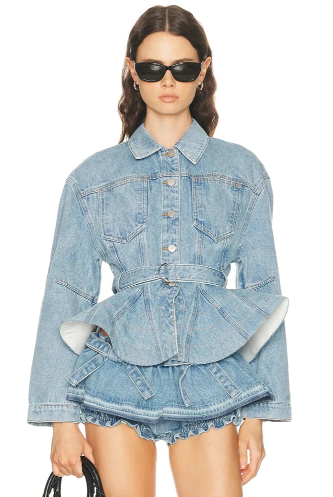 Trend4us Luxe Belted Peplum Denim Jacket & Ruffle Shorts Set in blue