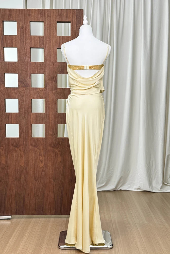 Trend4us Luxe Satin Lace Cowl Neck Maxi Skirt Set – Cream