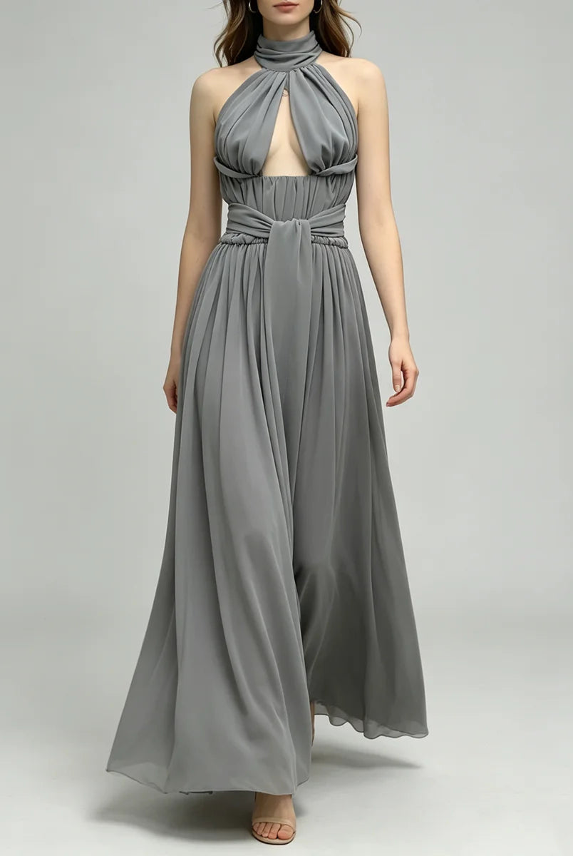 Trend4us Luxe Draped Halter Cutout Backless Evening Gown - Gray
