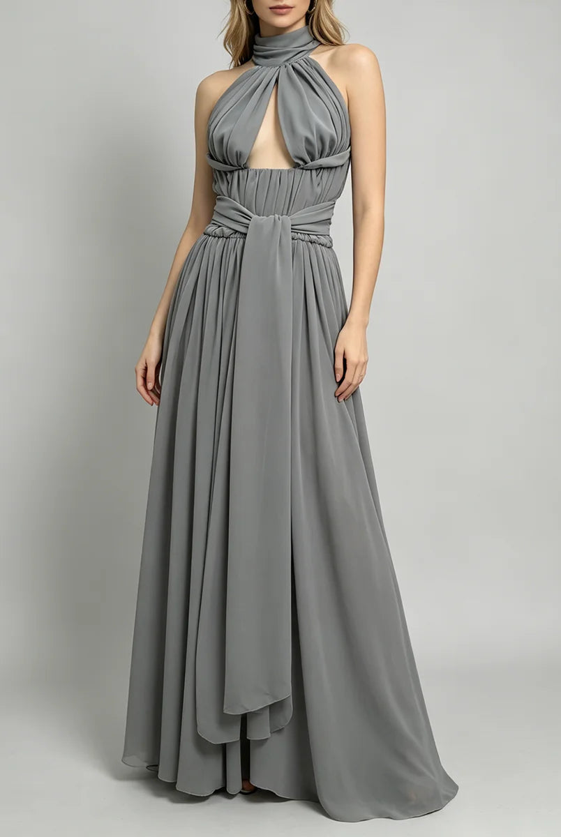 Trend4us Luxe Draped Halter Cutout Backless Evening Gown - Gray