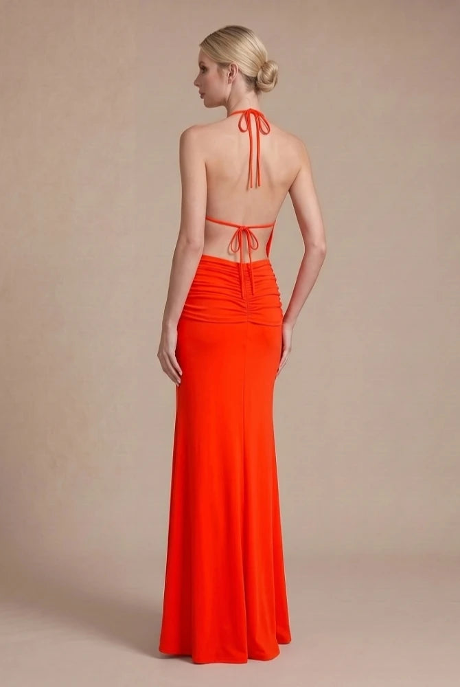 Trend4us Luxe Backless Halter Ruched Mermaid Maxi Dress in red back view