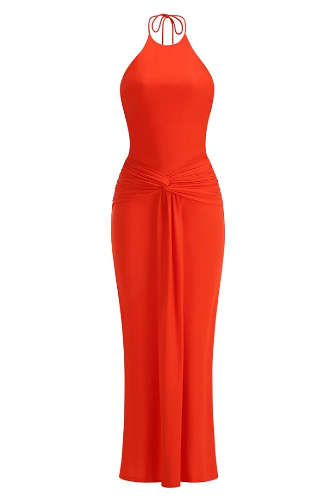 Trend4us Luxe Backless Halter Ruched Mermaid Maxi Dress in red