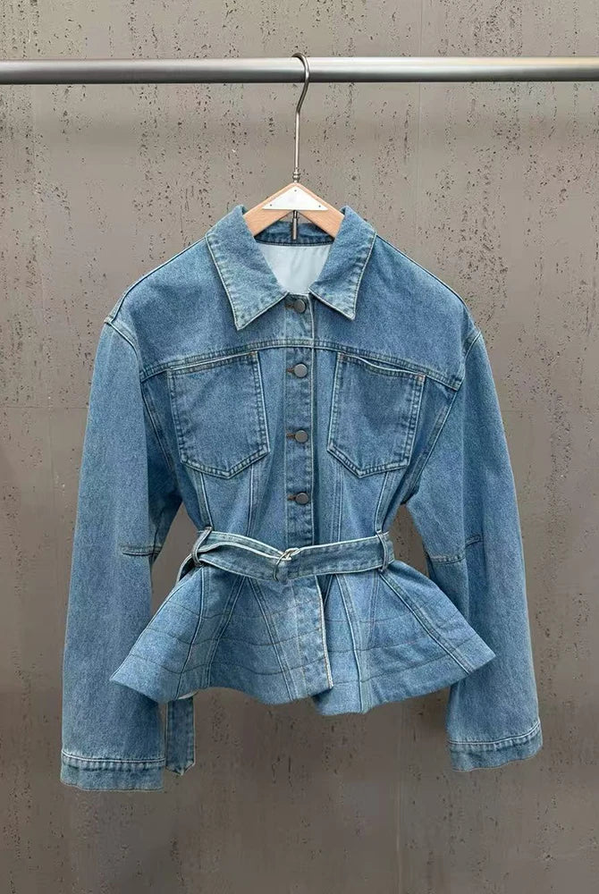 Trend4us Luxe Belted Peplum Denim Jacket & Ruffle Shorts Set in blue