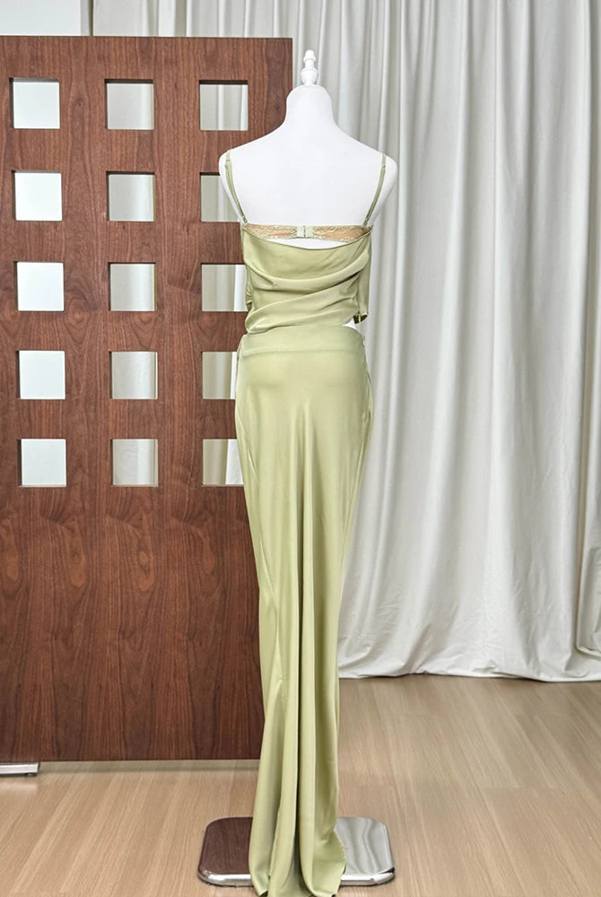 Trend4us Luxe Satin Lace Cowl Neck Maxi Skirt Set – Green