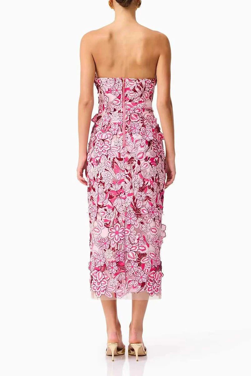 Trend4us Luxe Strapless 3D Floral Embroidered Midi Dress