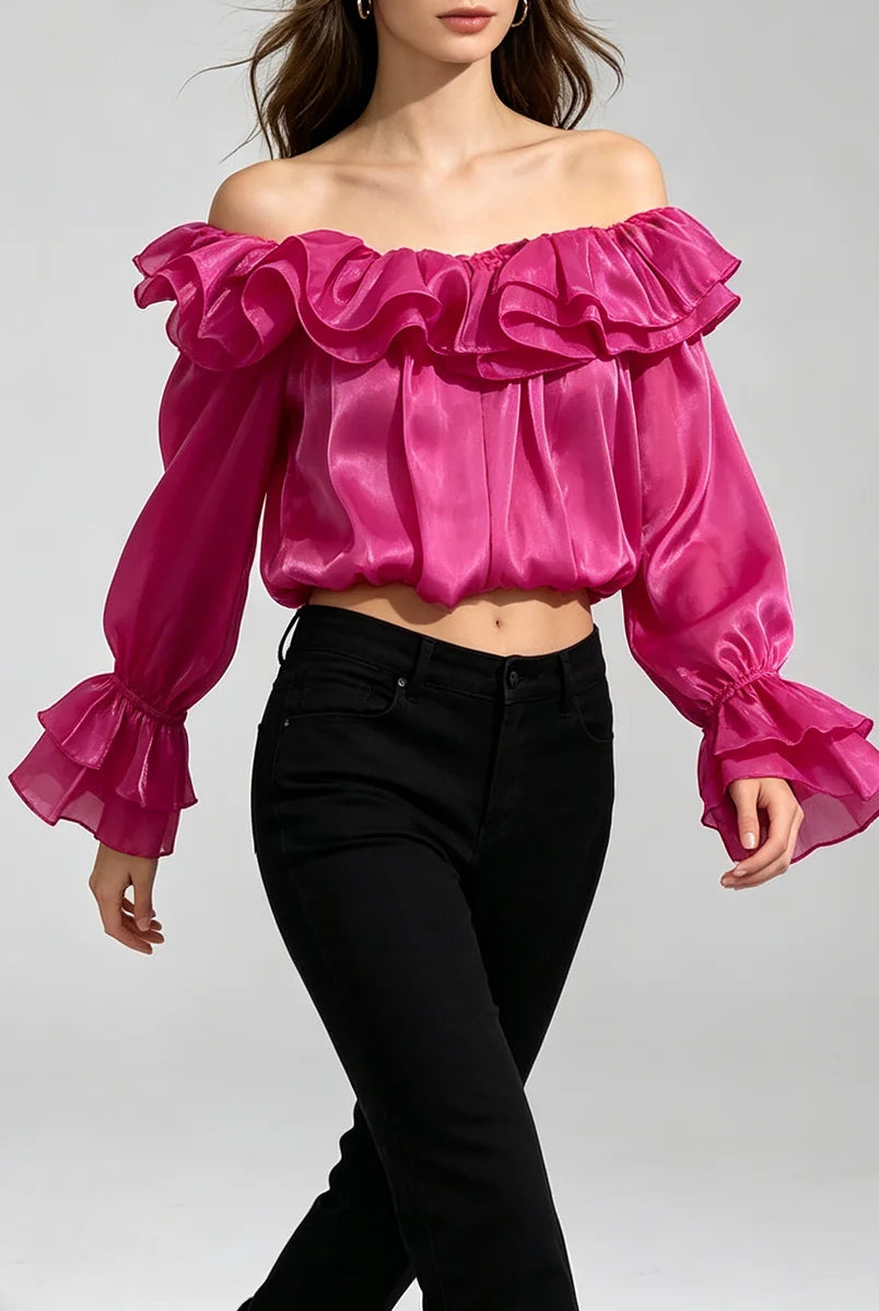 Trend4us Luxe Off-Shoulder Ruffle Organza Crop Blouse