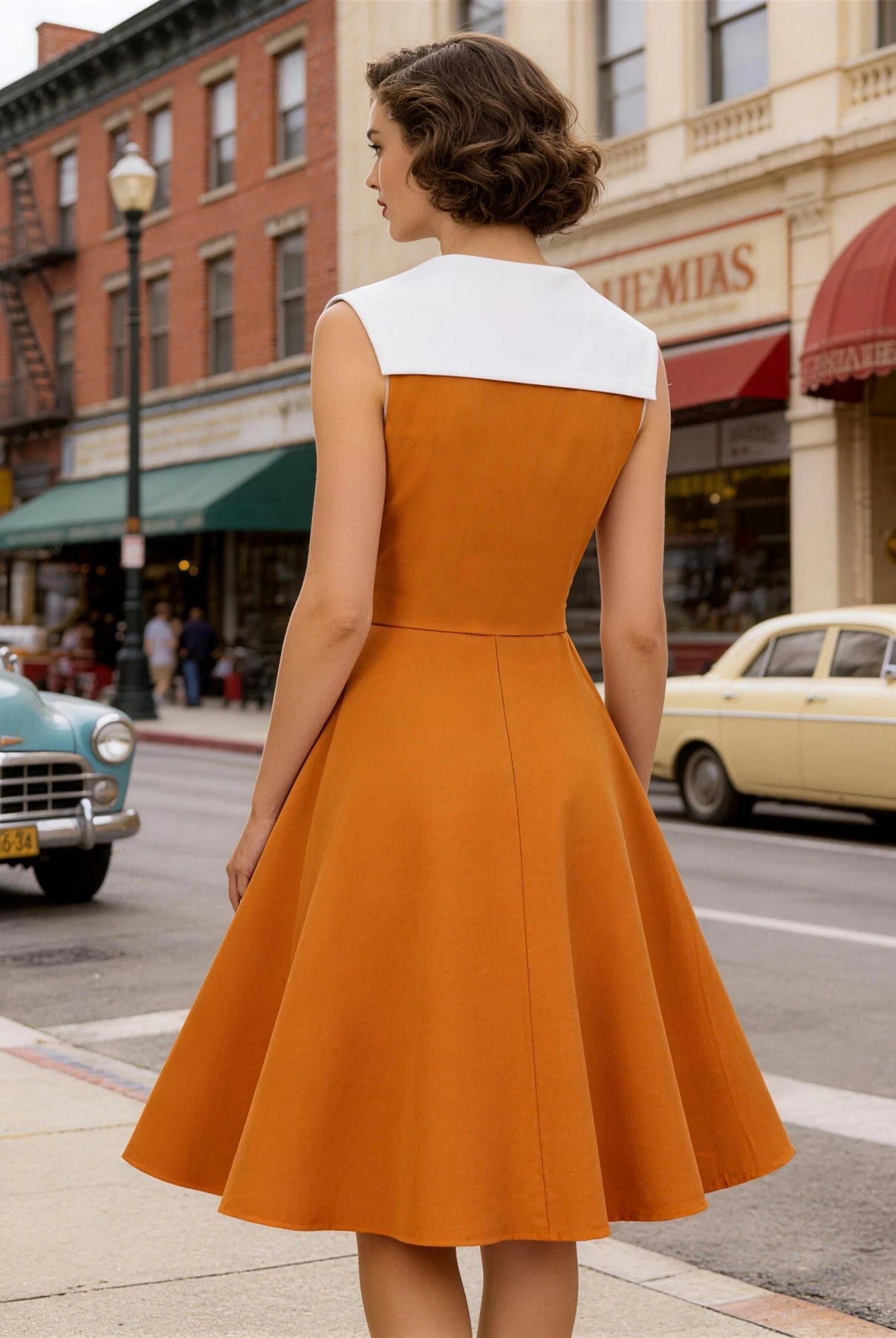 Trend4us Vintage Contrast Collar Belted Fit & Flare Swing Dress in Orange back view