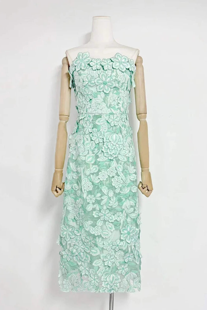Trend4us Luxe Strapless 3D Floral Embroidered Midi Dress - Green