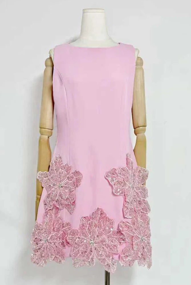 Trend4us Luxe Floral Appliqué Sleeveless Mini Dress - Pink