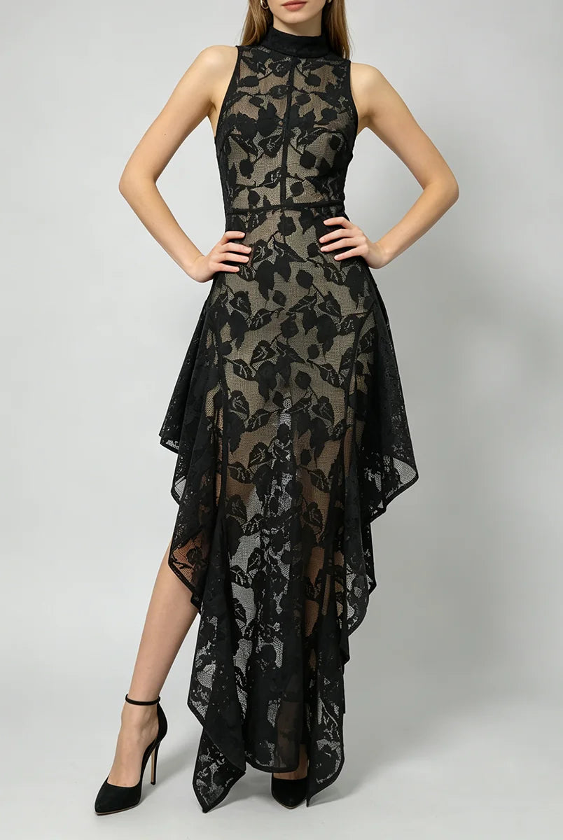 Trend4us Elegant Sheer Lace High-Neck Handkerchief Hem Dress