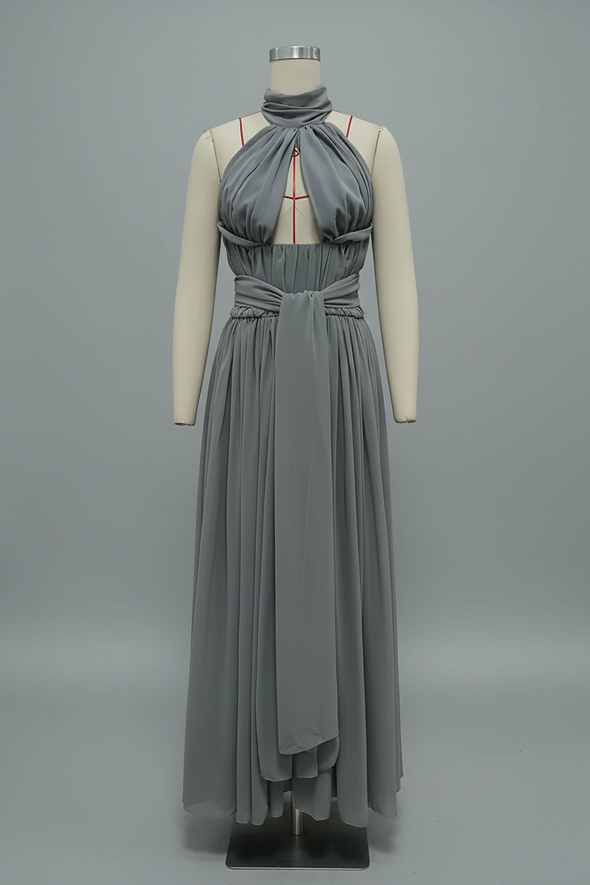 Trend4us Luxe Draped Halter Cutout Backless Evening Gown - Gray