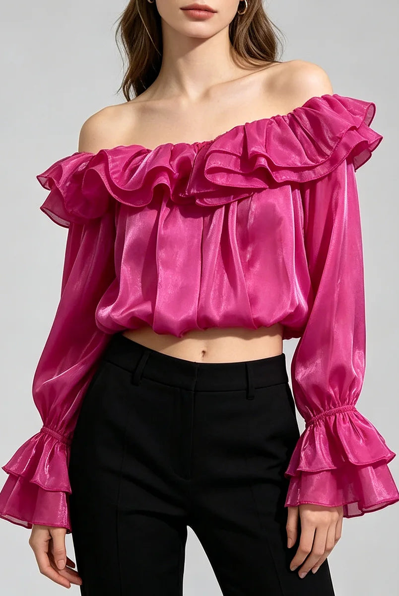Trend4us Luxe Off-Shoulder Ruffle Organza Crop Blouse